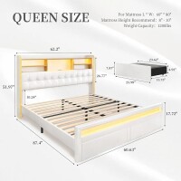 SIBEDS Queen LED Bookcase Storage Bed with Charging Station, Linen Natural, 2 Zipped Drawers, 52" Crystal Button Tufted Soft Fabric Upholstered Wingback Headboard, Heavy Duty Support, New in Box $499