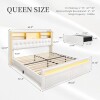 SIBEDS Queen LED Bookcase Storage Bed with Charging Station, Linen Natural, 2 Zipped Drawers, 52" Crystal Button Tufted Soft Fabric Upholstered Wingback Headboard, Heavy Duty Support, New in Box $499