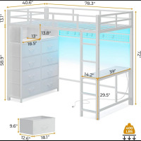 Isabelle & Max Loft Bed With Desk And 8 Storage Drawers, Metal Loft Bed With Led Lights & Charging Sation, Storage Shelves, 13.1" H Safety Guard & Ladder, No Box Spring Needed, New in Box $499