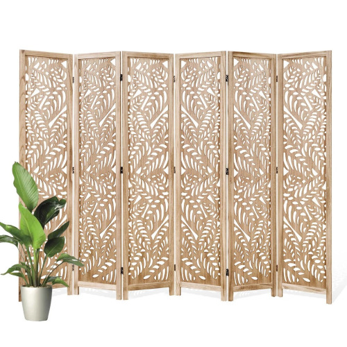 Bungalow Rose 67'' H Solid Wood Room Divider - Floral Serenity Folding Screen with Leaf Cutout Design, Natural Wood, New in Box $499