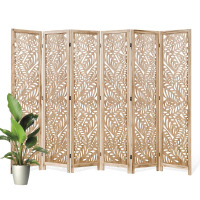 Bungalow Rose 67'' H Solid Wood Room Divider - Floral Serenity Folding Screen with Leaf Cutout Design, Natural Wood, New in Box $499