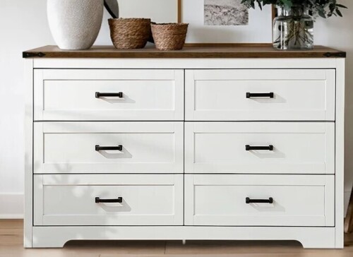 Milwood Pines Emryss 6-Drawer Dresser 54"W Double Dresser With Rustic Top Panel In White New in Box $699