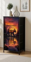 Millwood Pines 4 Drawer Vertical Storage Dresser Majestic Bear Silhouette Sunset Mountain Forest Landscape with Wood Top Fabric Pull Drawers New In Box $299