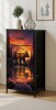 Millwood Pines 4 Drawer Vertical Storage Dresser Majestic Bear Silhouette Sunset Mountain Forest Landscape with Wood Top Fabric Pull Drawers New In Box $299