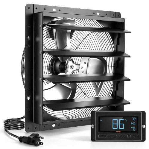 VEVOR 16 Inch Shutter Exhaust Fan Wall Mounted Automatic Louvers EC Motor, Steel Housing, Temperature & Humidity Controller, Ventilation & Cooling for Attic, Garage, Barn, Greenhouse, Workshop, Black On Working $299