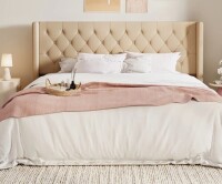 Lark Manor Hilbert Upholstered Low Profile Platform Bed Frame with Headboard King Beige New in Box $699