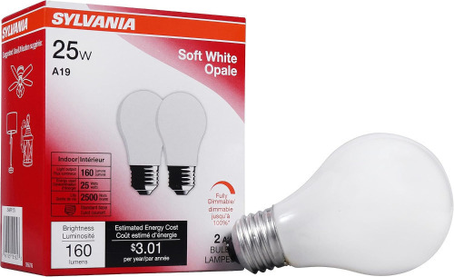 Sylvania Incandescent A19 E26 Medium Base 25 Watt Light Bulbs, 2 Pack Dimmable A19 Standard Base General Purpose Bulbs, 25W Household Light Bulbs, 120V Soft White Warm White New In Box