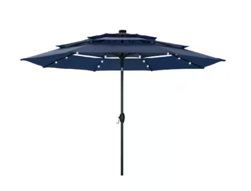 PHI VILLA 10 ft. 3-Tier Patio Market Umbrella with Solar LED Lights AutoTilt and Crank in Blue New In Box $299