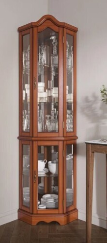 Winston Porter Agaran Lighted 3-Side Glass Display Curio Cabinet w/ Tempered Glass Doors and Shelves, Curved Wood Corner Cabinet with Bulb, Corner Storage Rack in Cherry New in Box $799