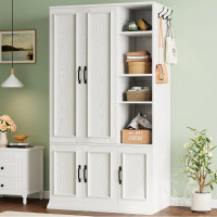 Lark Manor 5-Door Wooden Wardrobe With Hanging Poles & 4 Open Storage Shelves, 70&rdquo; Armoire For Hanging Clothes, White, New in Box $599