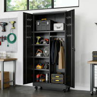 WFX Utility Makeace 71" H x 32" W x 16" D Black Metal Garage Storage Cabinets with Hanging Rod, Lockable Rolling Tool Cabinet with 3 Adjustable Shelves, Pegboard Doors & 8 Hooks, New in Box $399