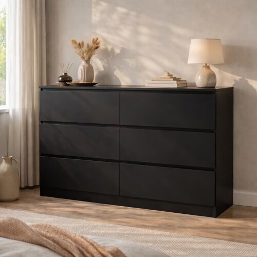 Miniyam Modern Minimalist 6 Drawer Dresser with Waterproof Wood Storage, Black, New in Box $299