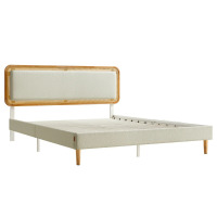 Ophelia & Co. Delaylah Bed Frame, with Rattan-Like Adjustable Upholstered Headboard, Boho Style, New in Box $799