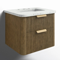 Ebern Designs Liljan 24'' Wall-Mounted Single Bathroom Vanity with Engineered Stone Top, Aged Oak/Brushed Bronze, New in Box $1,199