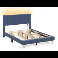 Latitude Run Abe Aadi Corduroy Upholstered Platform Bed with Channel-Tufted Headboard, Modern Bed Frame with Soft Padded Edges and Ambient LED, Blue Velvet, New in Box $499