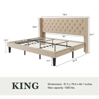 Amolife King Size Upholstered Platform Bed Frame with Fabric Diamond Deluxe Wingback Headboard, Beige, New in Box $599