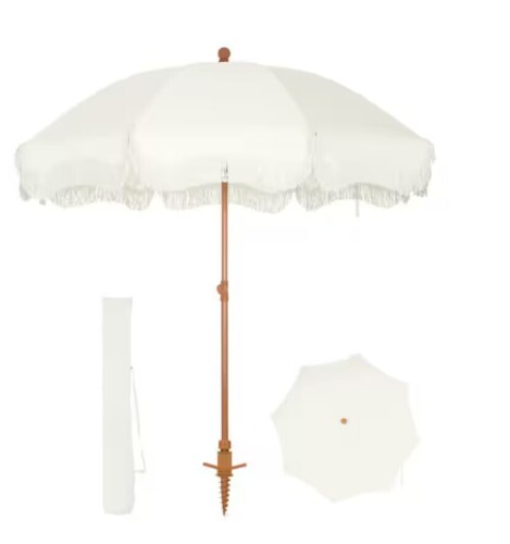 PHI VILLA 7 ft. Metal Beach Umbrella in White with Tassel Design and Cover Carry Bag New In Box $199