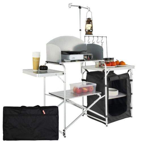 VEVOR Camping Kitchen Table, Folding Outdoor Cooking Table with Storage Carrying Bag, Aluminum Cook Station 1 Cupboard & Detachable Windscreen, Quick Set-up for Picnics, BBQ, RV Traveling, Black New In Box $299