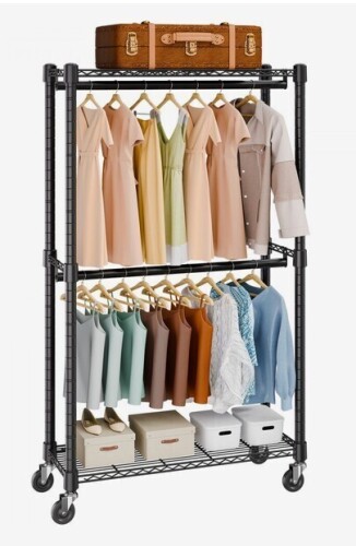 VEVOR Heavy Duty Clothes Rack, Double Hanging Rods Clothing Garment Rack with Bottom and Top Storage Tier, Rolling Clothing Rack for Hanging Clothes, 1'' Diameter Thicken Steel Tube Hold Up to 300Lbs New In Box $199