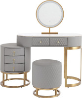 FUKAYI Modern Faux Leather Makeup Vanity Desk with HD Mirror and 3 Colors Lights Mode, Movable Side Cabinet, Women Dressing Table with 5 Drawers & Vanity Stool for Bedroom, Gray New In Box $399