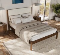 Ebern Designs Ardin Solid Wood Bed Frame With Cream Boucle Upholstered Headboard Queen New in Box $1399