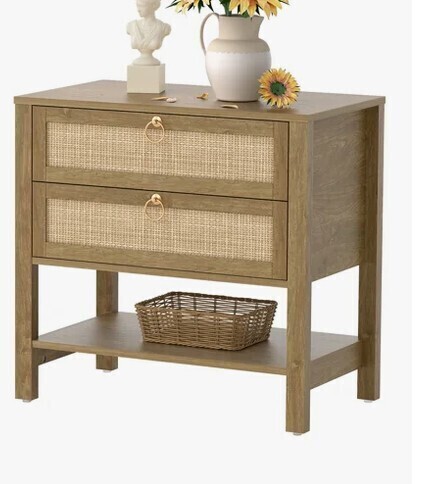 Breakwater bay Pomodoro Rattan Nightstand With 2-Drawer And 1 Open Shelf New Shelf Pull $399