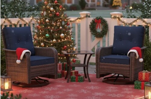 Imalai Outdoor Rocking Swivel Rattan Chair Set Removable Cushions & Coffee Table (Set of 2) New in Box $599