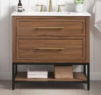 Home Decorators Collection Corley 36 in. Single Sink Freestanding Spiced Walnut Bath Vanity with White Engineered Stone Top (Assembled) New Floor Model $699