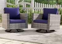 JOYESERY Patio Conversation Set Gray Wicker Outdoor Rocking Lounge Chair Swiveling Set with Thick Cushion, Navy Blue New Open Box $599
