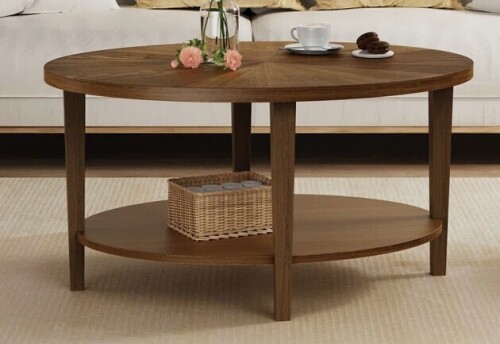 Millwood Pines Solid Wood Oval Coffee Table with 2-Tier Storage, Mid-Century Modern in Walnut New in Box $499
