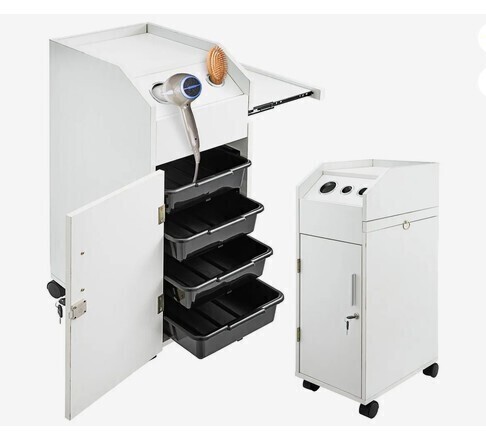 VEVOR Salon SPA Beauty Hairdressing Cart White Storage Trolley with 4 Drawers Rolling Wheels Lockable 2 Keys with Hairdryer Holder Space-Saving Side Tray New in Box $299