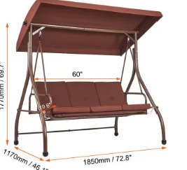 VEVOR 3-Seat Patio Swing Chair, Converting Canopy Swing, Outdoor Patio Porch with Adjustable Canopy, Removable Thick Cushion and Alloy Steel Frame, for Balcony, Backyard, Poolside, Brown new in box $599