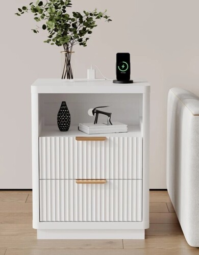 August Grove&reg; Fluted Nightstand with Charging Station, Mid Century Modern Fluted Nightstand, Modern End Table with Curved Corners $299