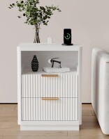 August Grove&reg; Fluted Nightstand with Charging Station, Mid Century Modern Fluted Nightstand, Modern End Table with Curved Corners $299