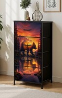 Millwood Pines 4 Drawer Vertical Storage Dresser Majestic Bear Silhouette Sunset Mountain Forest Landscape with Wood Top Fabric Pull Drawers New In Box $299
