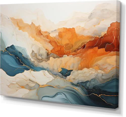 Wrought Studio&trade; Abstract Orange And Blue River Ink - Abstract Marble Wall Art, 16" x 30" New in Box $99