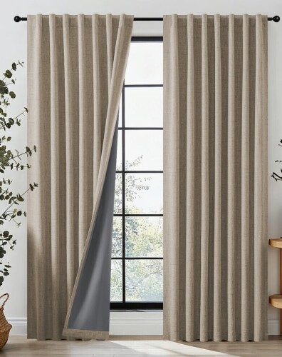 East Urban Home Thermal Insulated Faux Linen Textured 100% Blackout Curtains for Bedroom Rod Pocket & Back Tabs (Pair) 52" x 90" / Latitude Run&reg; 2 Panels Outdoor Curtains for Patio Waterproof, Thermal Insulated Detachable Sticky Tab Top Room Darkening Gre