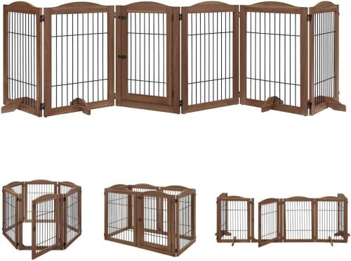 unipaws 132"W&times;31.5"H Dog Gate and Pet Playpen with Walk Through Door Free Standing Tall Dog Fence, Barriers for Home, Use as Indoor Dogs Cats Pen, Rabbit Pen, Walnut New In Box $299
