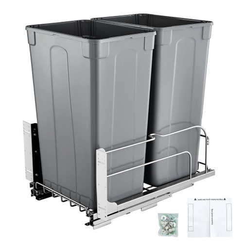 VEVOR Pull-Out Trash Can, 50 QT x2 Double Under Mount Kitchen Waste Container, Heavy Duty Garbage Recycling Bin with Door Kit and Soft Close Slide, for Kitchen Cabinet, Sink, Under Counter (Grey) New In Box $199