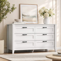 Lark Manor Serefina 53"W 6-Drawer Modern Dresser, White Wood Dresser with Solid Legs for Bedroom, 30'' H Large Storage Double Dresser with Deep Drawers Fits Closet, Nursery, or Hallway, New in Box $699