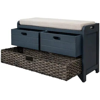 ModernLuxe Assembly Required Storage Bench with Removable Basket and 2 Drawers Fully Assembled Shoe Bench with Removable Cushion Navy, New in Box $399