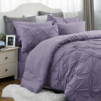 Bedsure Full Size Pintuck Bed-in-a-Bag - Mineral Grayish Purple Pinch Pleat Comforter Set with Sheets, Pillowcases & Shams (7-Piece Set) New In Box $199