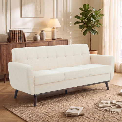 Wade Logan Cattaleya 78" Mid Century Modern Linen Upholstered Square Arms Sofa, Beige, New in Box $699