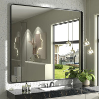 Orren Ellis Aevar 40" x 36" Tempered Glass and Aluminum Alloy Framed French Cleat Mounted Wall Mirror, New in Box $399