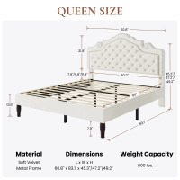 Lark Manor Antonious Velvet Tufted Crown-Shaped Headboard Platform Bed, 3-Level Adjustable Height, No Box Spring Needed, Underbed Storage, Queen Size, White, New in Box $999