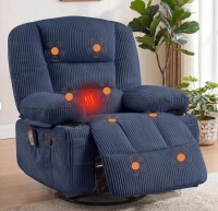 Garvee 360&deg; Swivel Rocker Glider Recliner Chair for Adults - Extra Wide Manual Recline - Vibration Massage & Heat - Cup Holder + Side Storage - Blue Corduroy New in Box $899