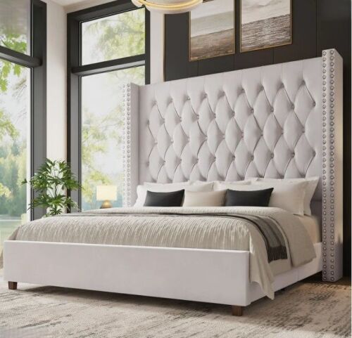 Willa Arlo Interiors Duluth King Cream Diamond-Tufted Wingback Upholstered Platform Bed New in Box $699