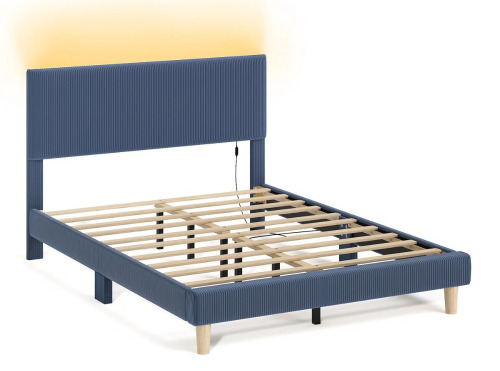 Latitude Run Abe Aadi Corduroy Upholstered Platform Bed with Channel-Tufted Headboard, Modern Bed Frame with Soft Padded Edges and Ambient LED, Blue Velvet, New in Box $499