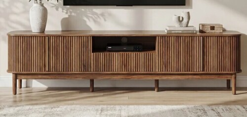 Ebern Designs 86.6" W Media Console Table with Sliding Door, Large TV Stand For Tvs Up To 85" in Brown New in Box $699