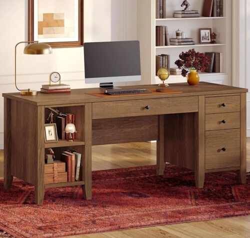 Rosalind Wheeler Solid Wood Executive Desk, 58'' Computer Desk with 4 Drawers and Storage Shelves for Home Office Study Writing, Brown, New in Box $599